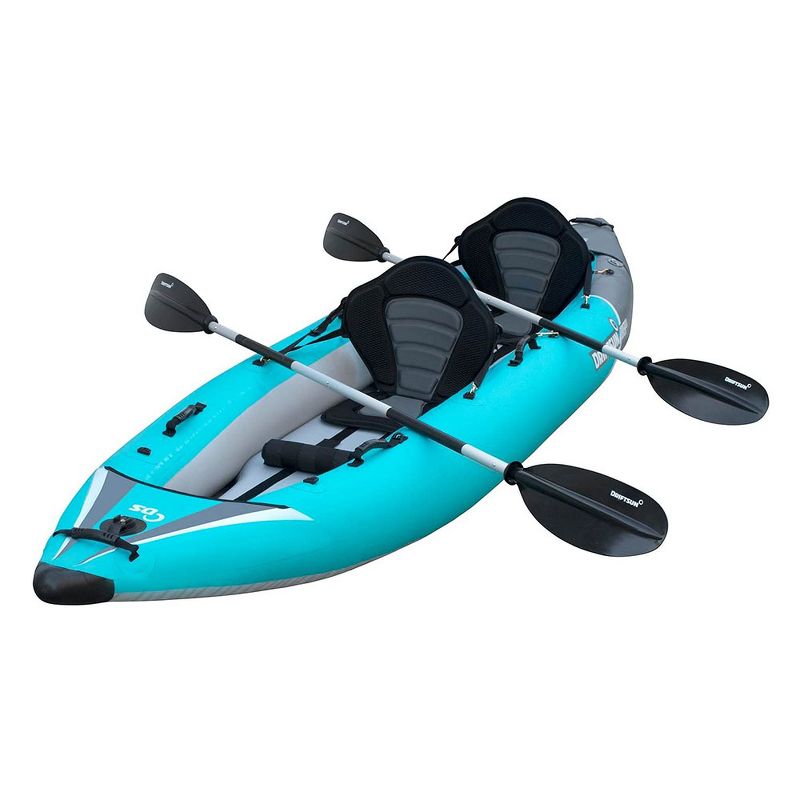 Driftsun Rover 220 Inflatable 2 Person Tandem Boat and Sport Whitewater Kayak with 2 Aluminum Paddles for Lake, River, or Pond, Blue