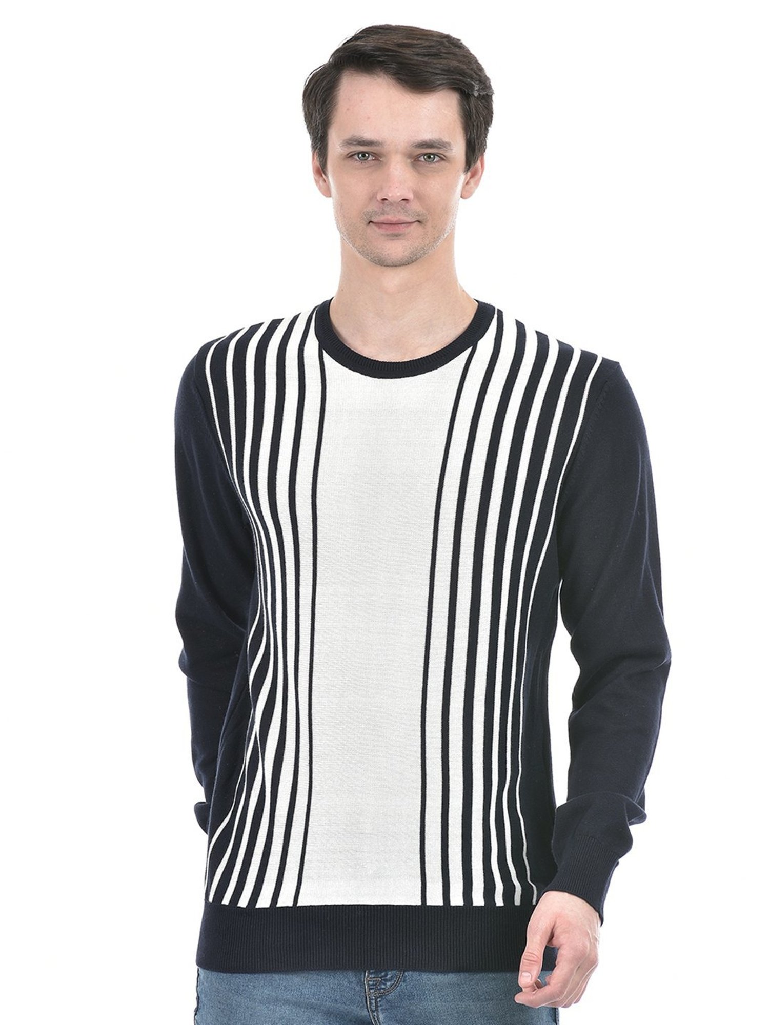 Numero Uno Navy Cotton Regular Fit Striped Sweater