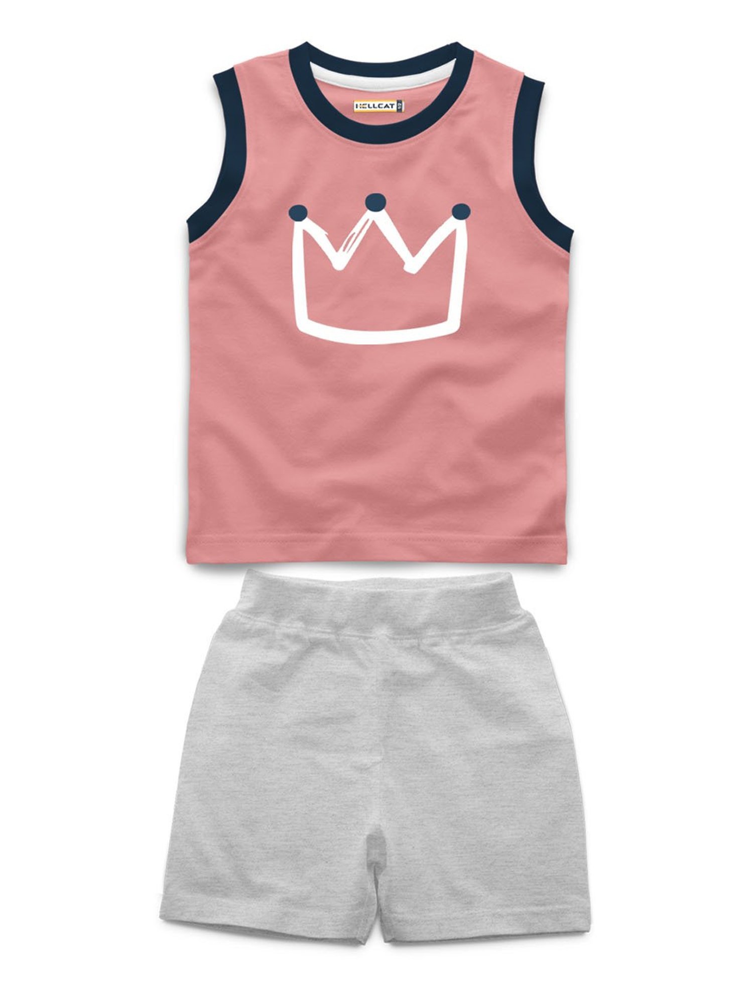 HELLCAT Kids Pink & Grey Melange Printed T-Shirt with Shorts