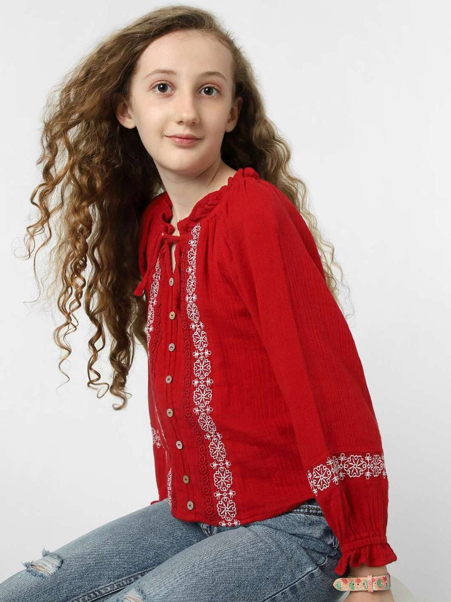 KIDS ONLY Red & White Cotton Embroidered Full Sleeves Top