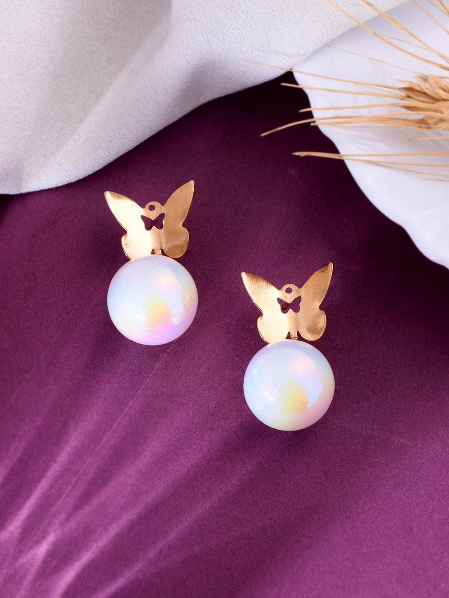 VOJ Women Gold Plated ButterFly Pearl Studs Earring for Women