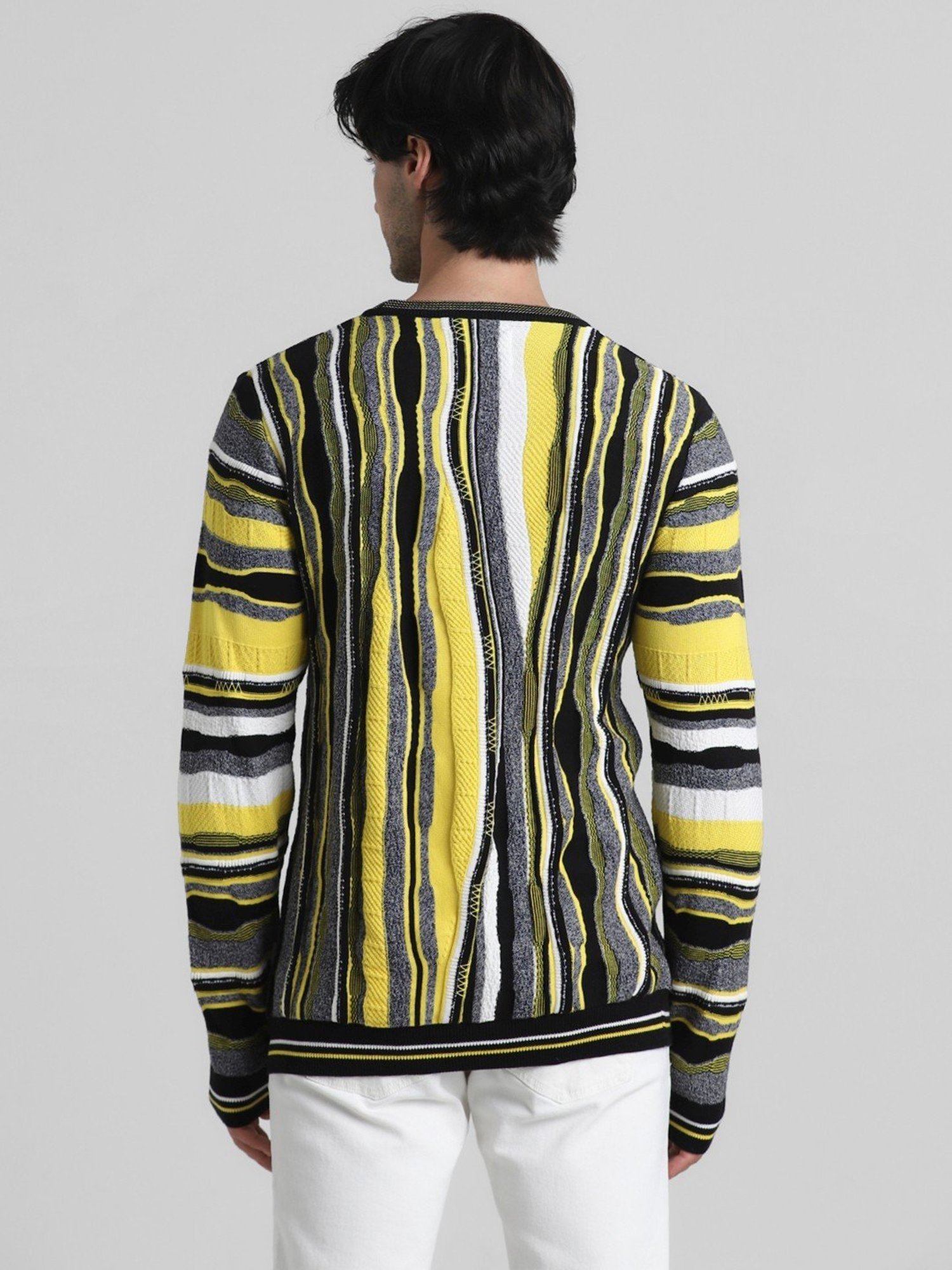Jack & Jones Yellow & Black Cotton Regular Fit Striped Sweater