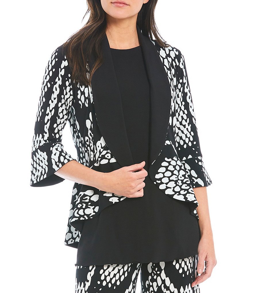 Eva Varro Reversible Snakeskin Print Bell Sleeve Solid Shawl Collar Open-Front Ruffle Peplum Jacket