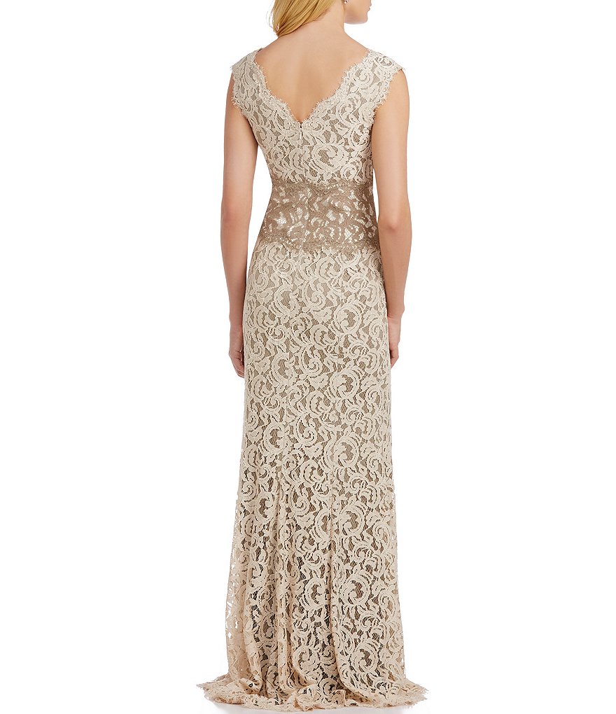Tadashi Shoji Double-V Scalloped Neck Sleeveless Two Tone Corded Lace Gown