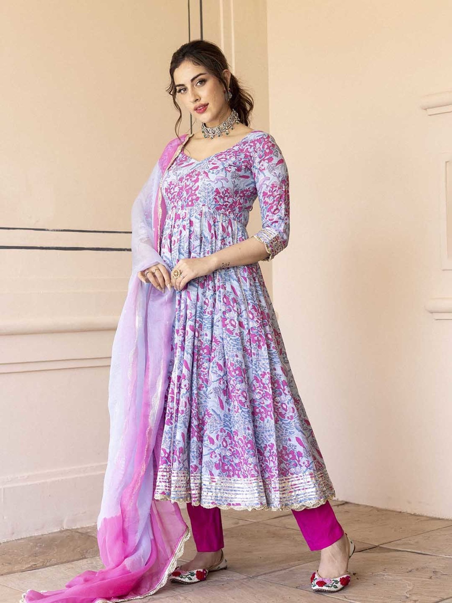 AACHHO Blue Siria Cotton Anarkali Suit Set