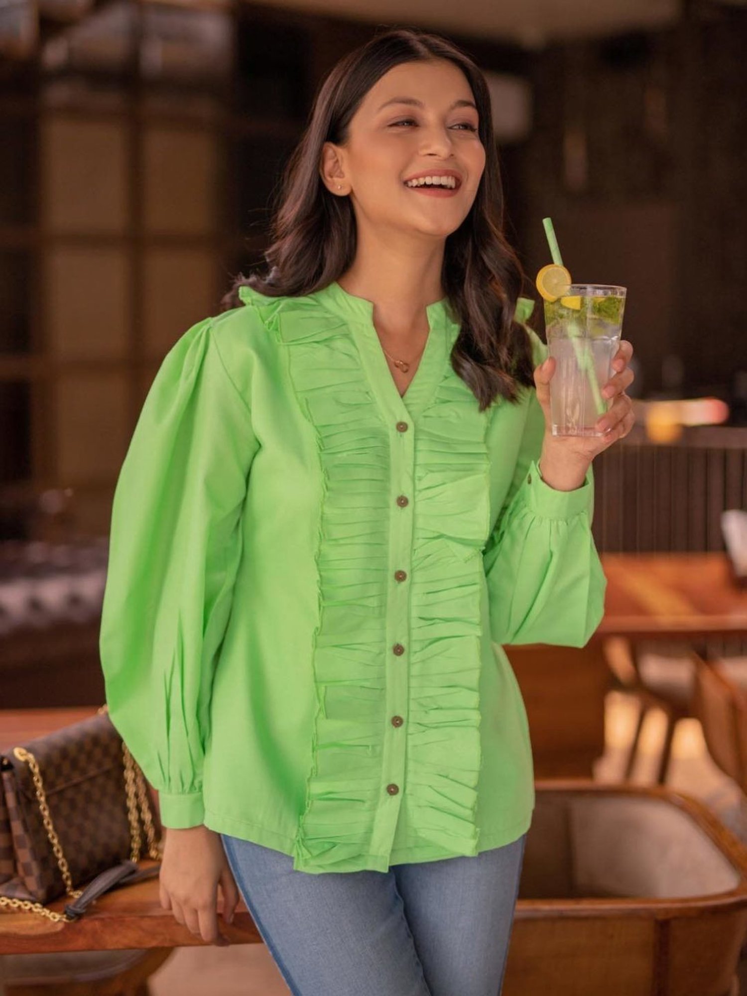 BInfinite Green Chartreuse Ruffled Shirt