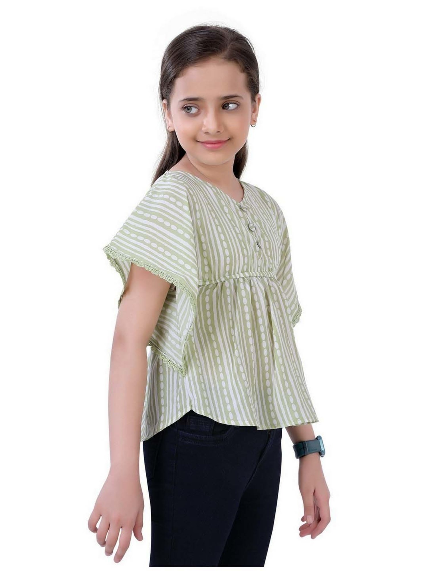 poplins Kids Green & Off-White Cotton Printed Top