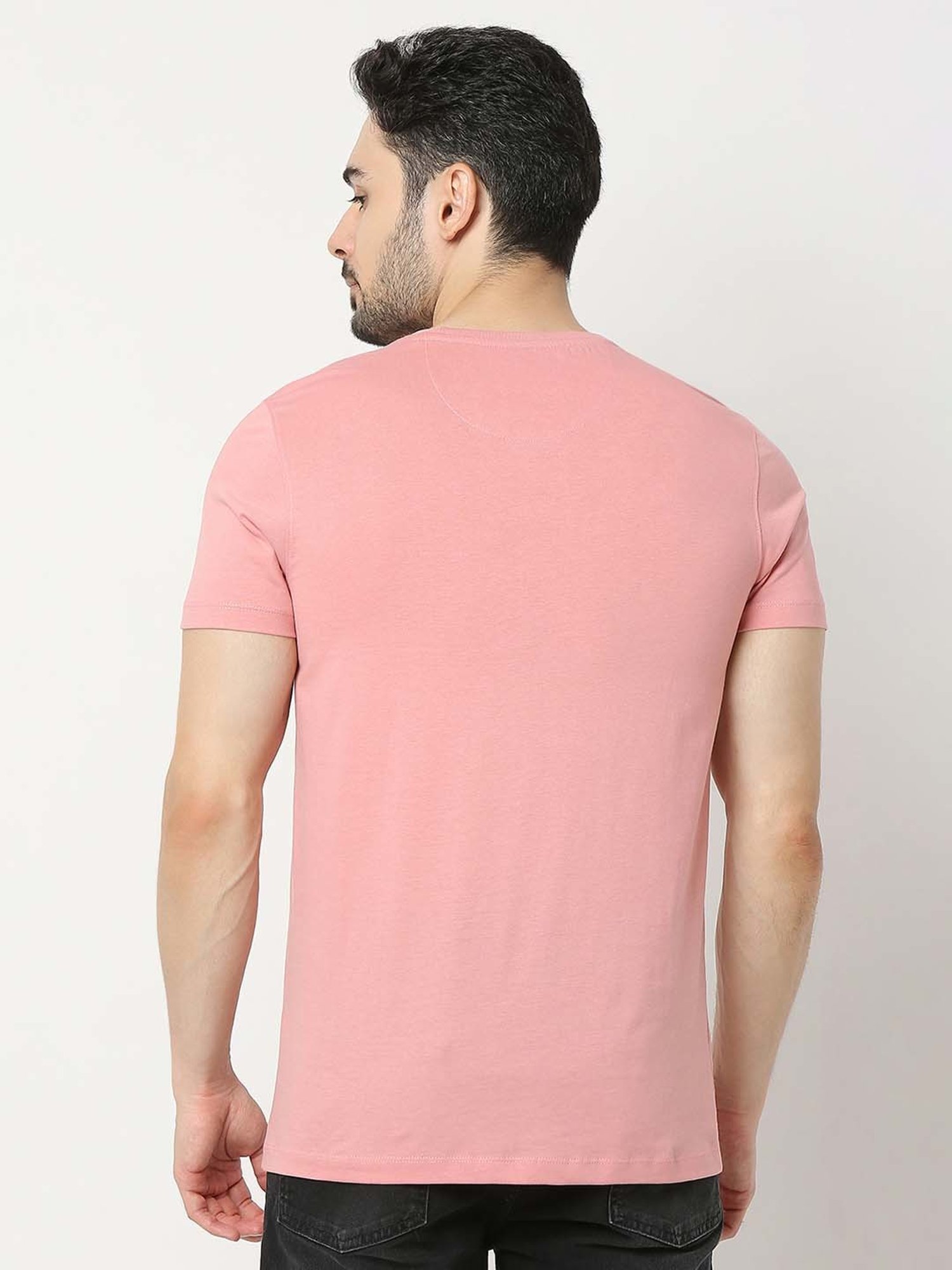 UnderJeans by Spykar Pink Regular Fit Self Design Cotton Crew T-Shirt