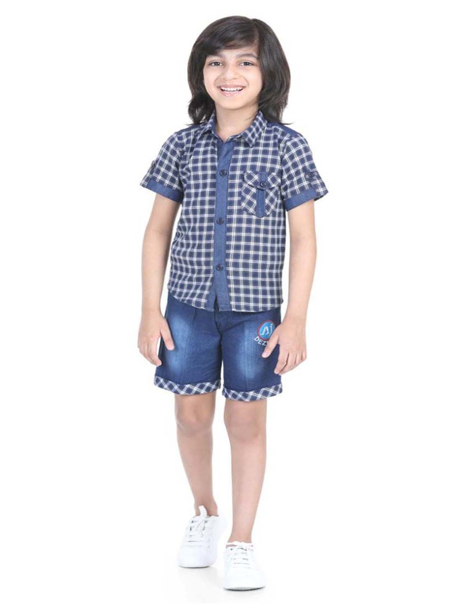 AJ Dezines Kids Blue & White Chequered Shirt Set