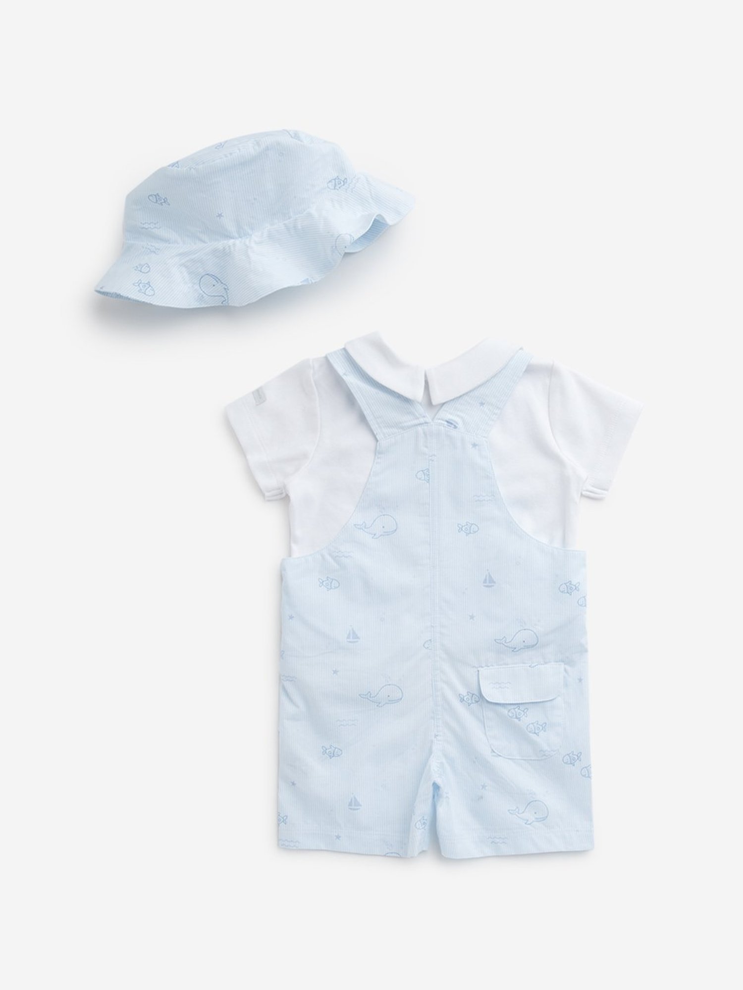 HOP Baby by Westside Light Blue Dungaree, Cotton T-Shirt and Hat Set