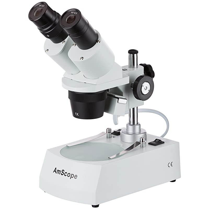 SE305RPLED ForwardMounted Binocular Stereo Microscope WF10x Eyepieces 10X and 30X Magnification 1X and 3X Objectives Upper and Lower LED Lighting Reversible BlackWhite Stage Plate Pillar Stand 120V o