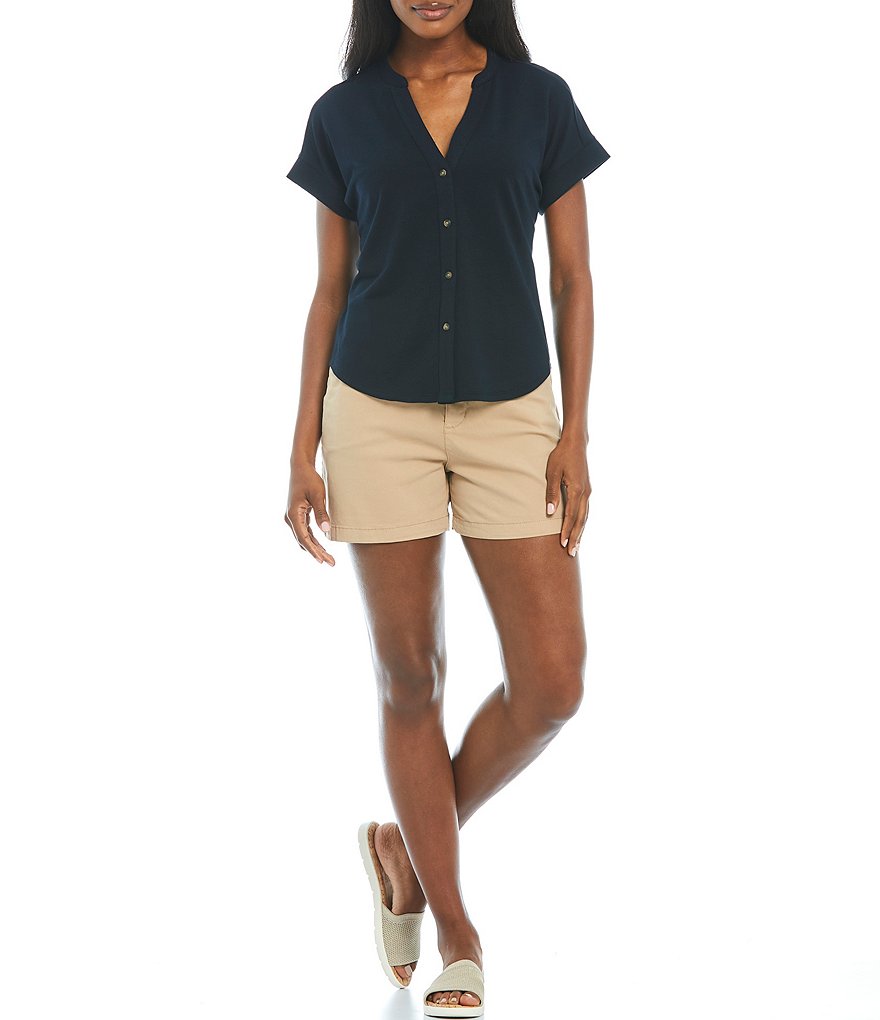 Alex Marie Lauren French Terry Knit V-Neck Button Front Short Sleeve Top