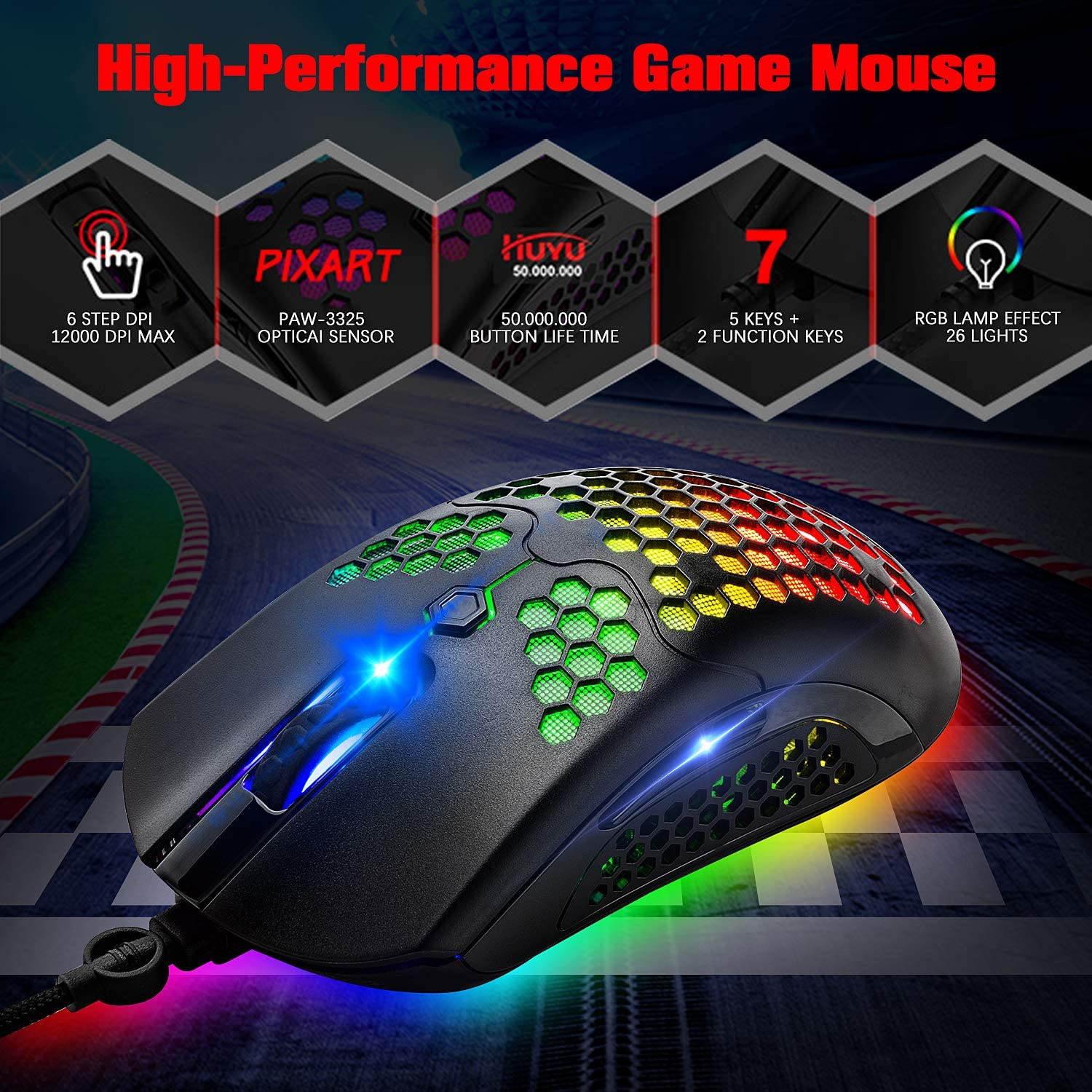 Wired Lightweight Gaming Mouse,26 RGB Backlit Mice with 7 Buttons Programmable Driver,PAW3325 12000DPI Mice,Ultralight Honeycomb Shell Ultraweave Cable Mouse for PC Gamers and Xbox and PS4 Users