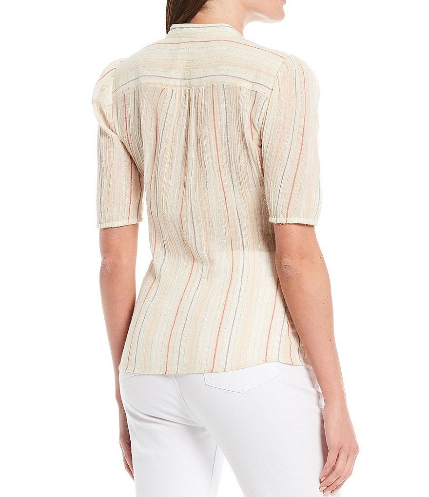 Reba Crinkle Stripe Band Collar Button Down Pleated Ruffle Blouse