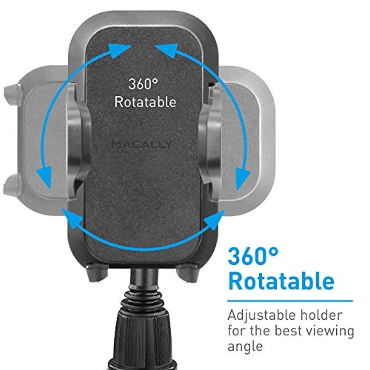 Macally Car Cup Holder Phone Mount - 8&rdquo; Long Flexible Gooseneck with 360&deg; Adjustable Holder - Securely Fits Phones with/without Case up to 4.1&rdquo; Wide - Easy to Use Cup Phone Holder for Car SUV or Truck