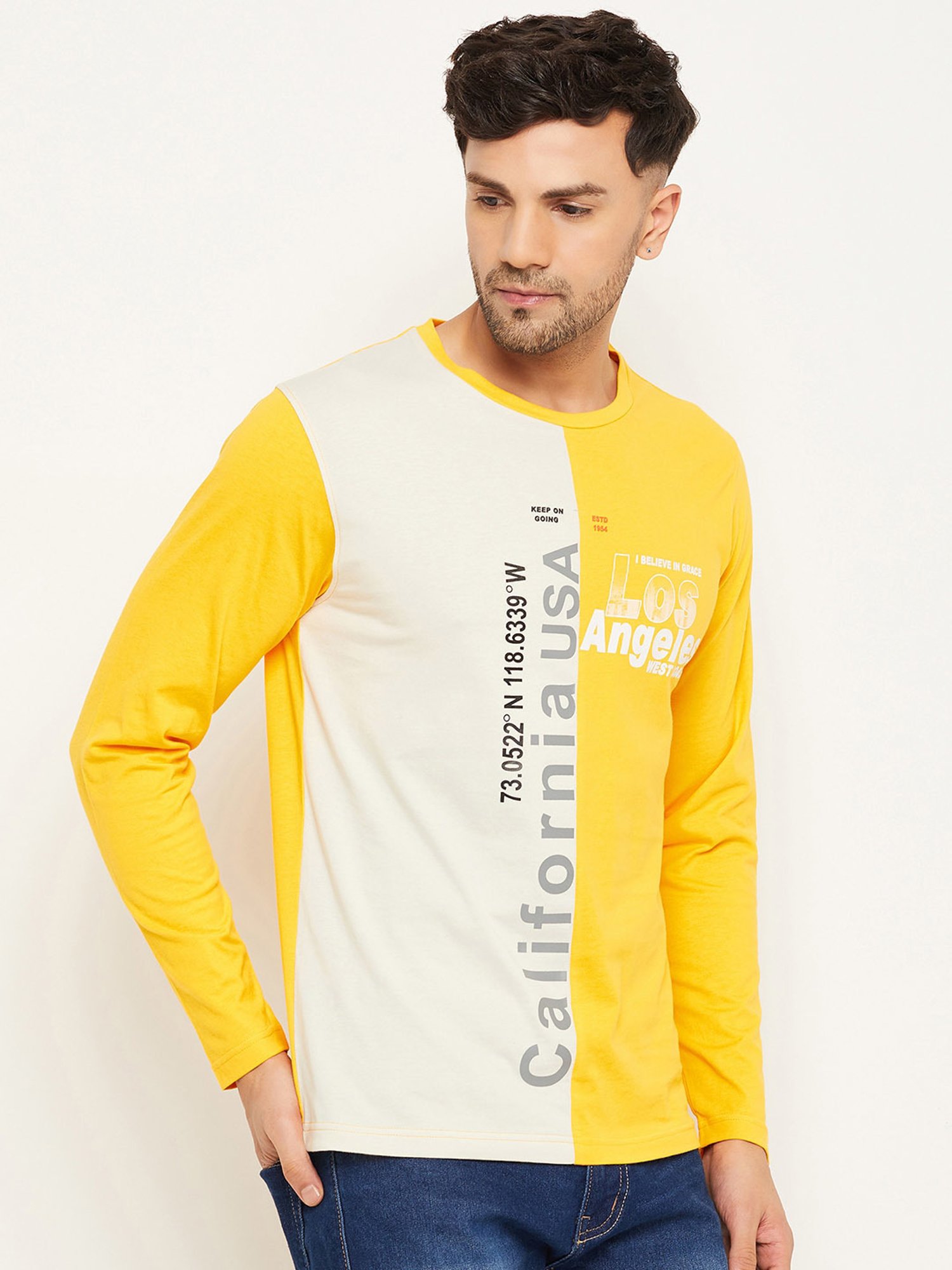 Club York Yellow Regular Fit Printed Crew T-Shirt