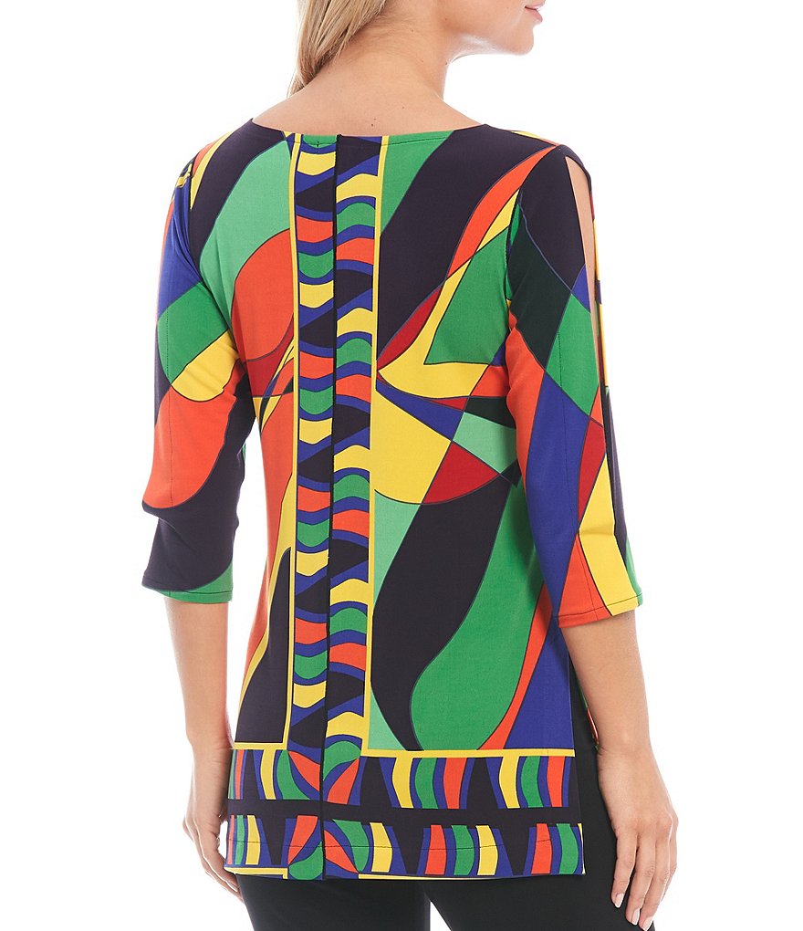Eva Varro Abstract Geo Print Knit Jersey 3/4 Slit Sleeve Tunic