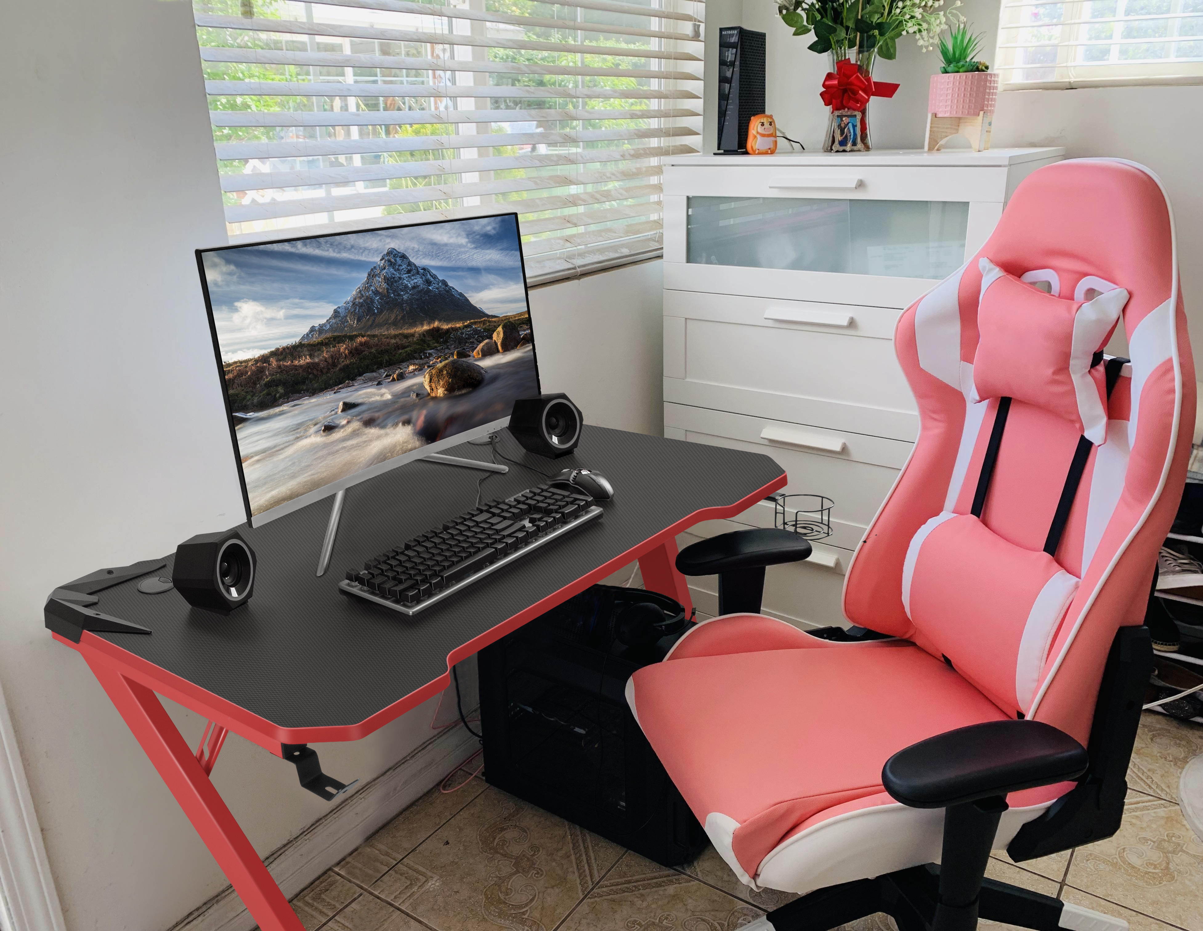 Homall Computer Gaming Desk Large Carbon Fiber Surface Computer Table Z-shaped Feet PC Desk with Cup Holder Headphone Hook Game Handle Rack (Black)