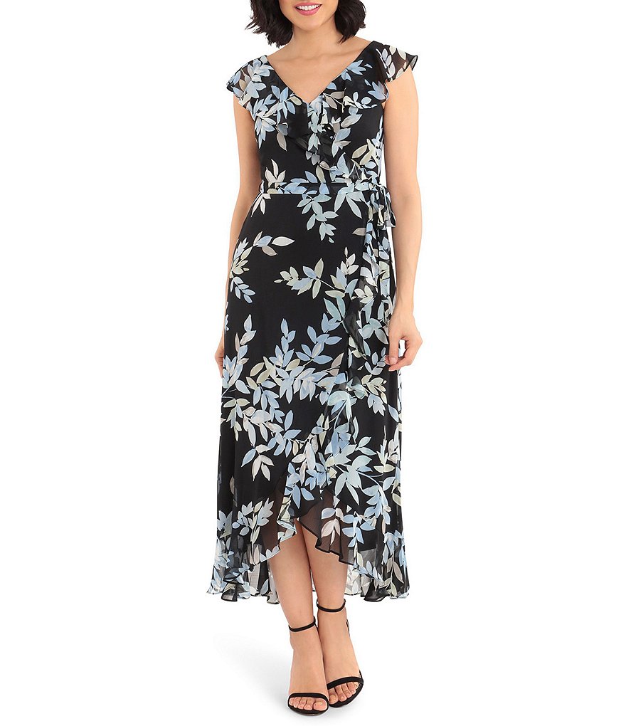 London Times Floral Print Chiffon Faux Wrap Flounce Hem Midi Dress