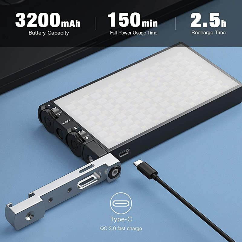 Video Light, 360 &deg; Full Color LED Camera Light, Dimmable 2500K-8500K Portable Pocket Size Camera Lighting, 12 Lighting Effect Mode, Built-in 3200mAh Rechargeable Battery
