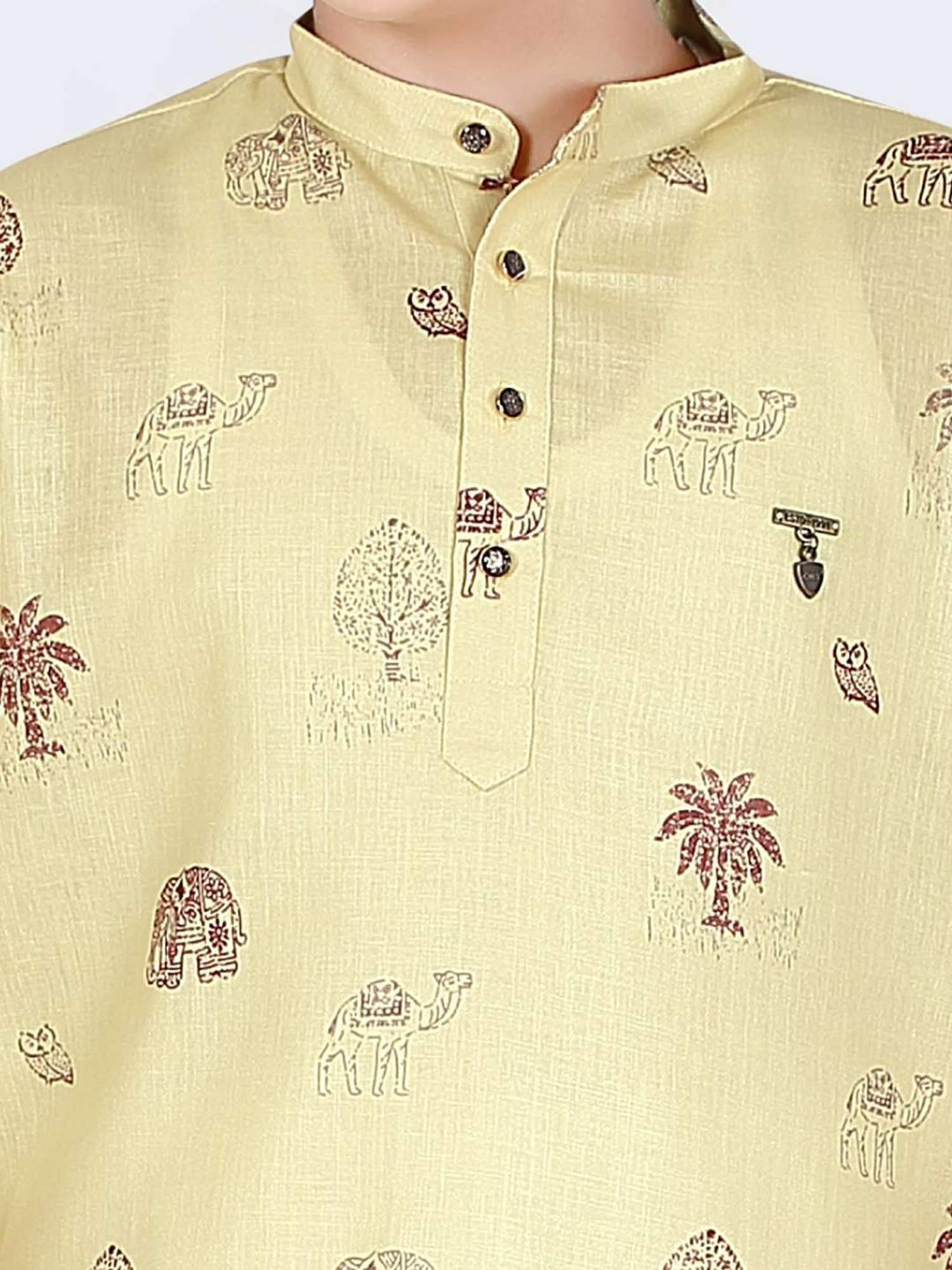 Cavio Kids Yellow & White Cotton Printed Full Sleeves Kurta Set