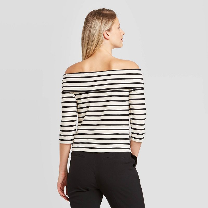 Women's Striped 3/4 Sleeve Off the Shoulder Bardot T-Shirt - Who What Wear™ White XS