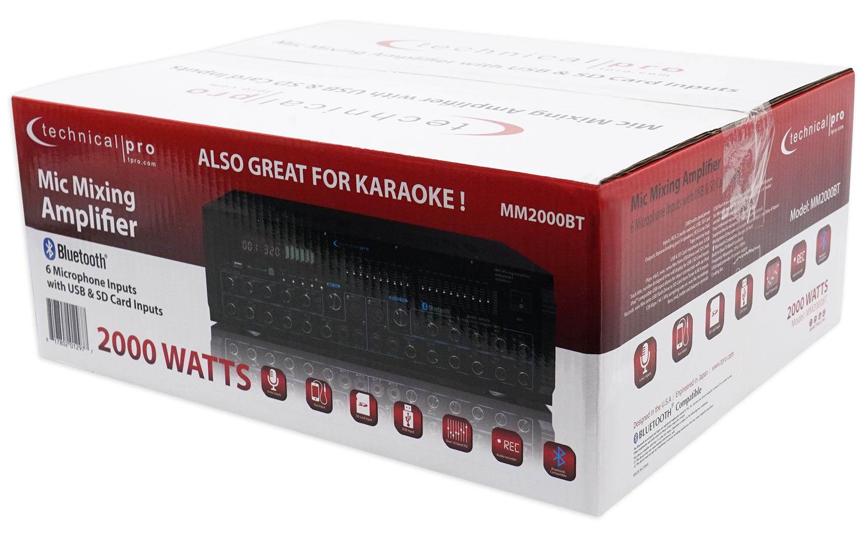 technical pro mm2000bt active bluetooth karaoke mixer amp sd, usb+2 mics+stand