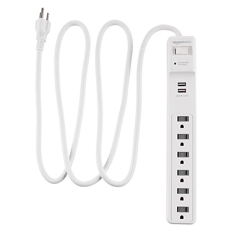 Basics 6-Outlet Surge Protector Power Strip with 2 USB Ports - 1000 Joule, White