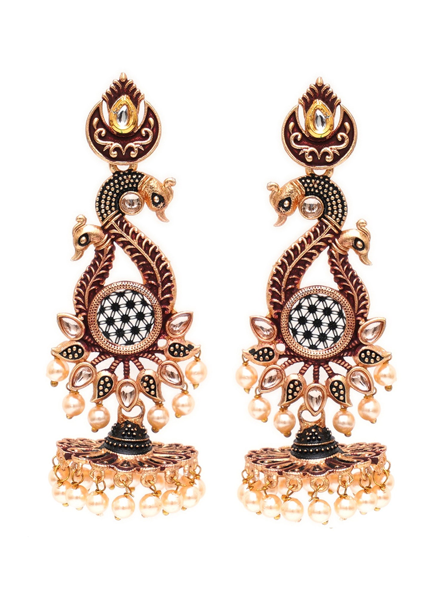 Karatcart Antique Gold-Plated Kundan Studded Maroon Meena Peacock Flat Jhumki Earrings for Women