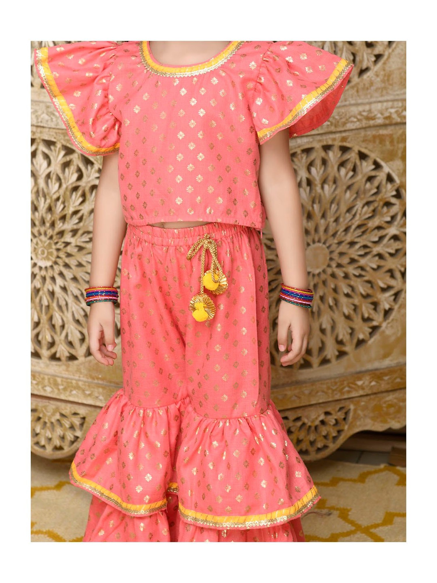 Saka Designs Kids Dark Peach & Gold Printed Top with Sharara