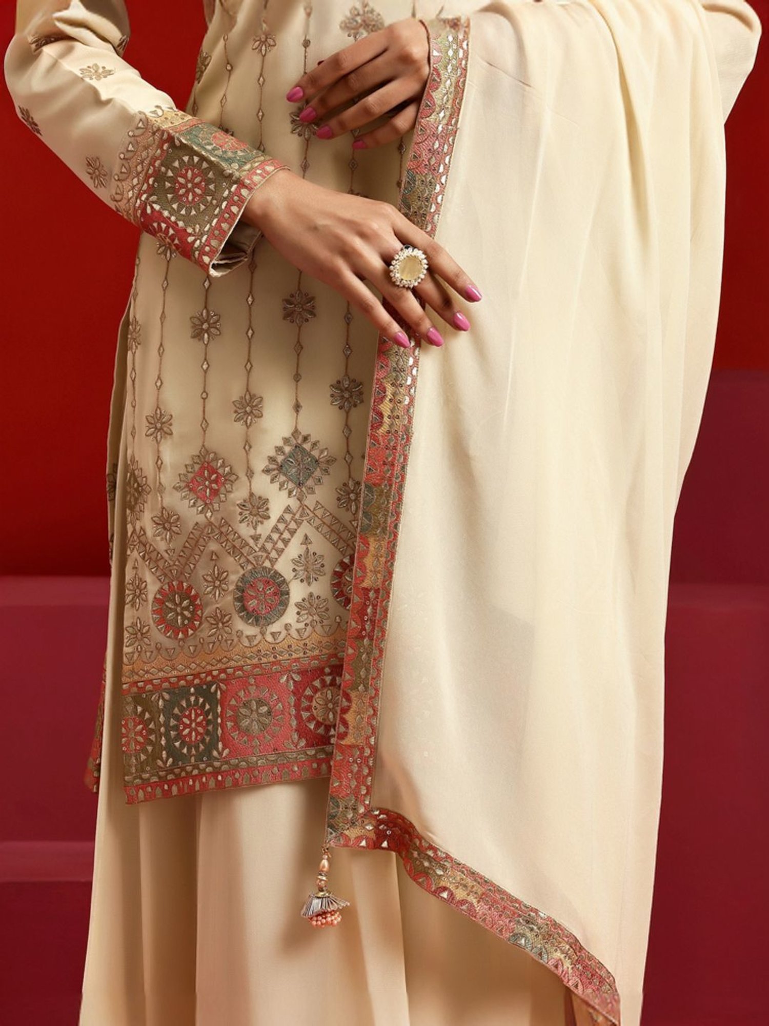 Libas Art Beige Embroidered Kurta Palazzo Set With Dupatta