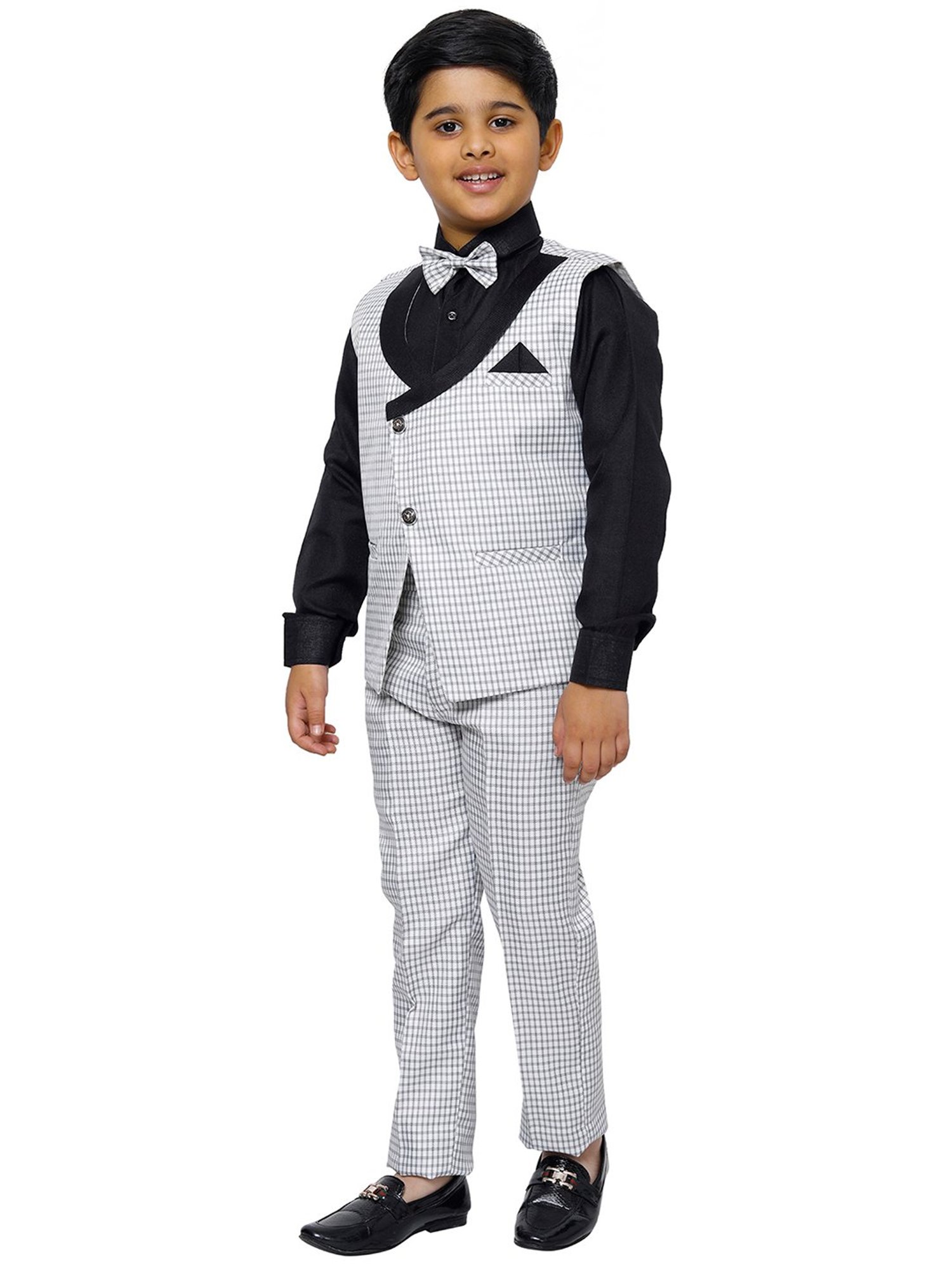 Pro-Ethic Style Developer Kids Grey & Black Checks Full Sleeves Shirt, Waistcoat, Pants with Bow