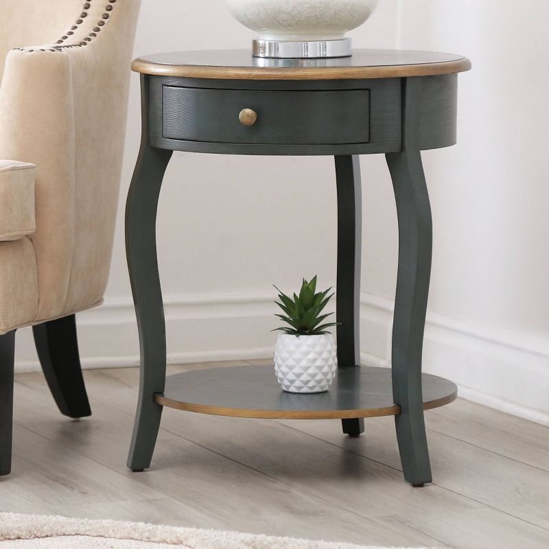 Clarence 1 Drawer Round Wood End Table - Teal/Gold - Abbyson Living