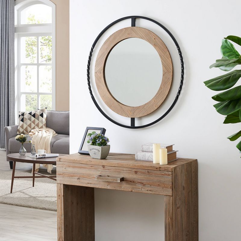 32" Round Iron and Wood Framed Wall Mirror - Danya B.