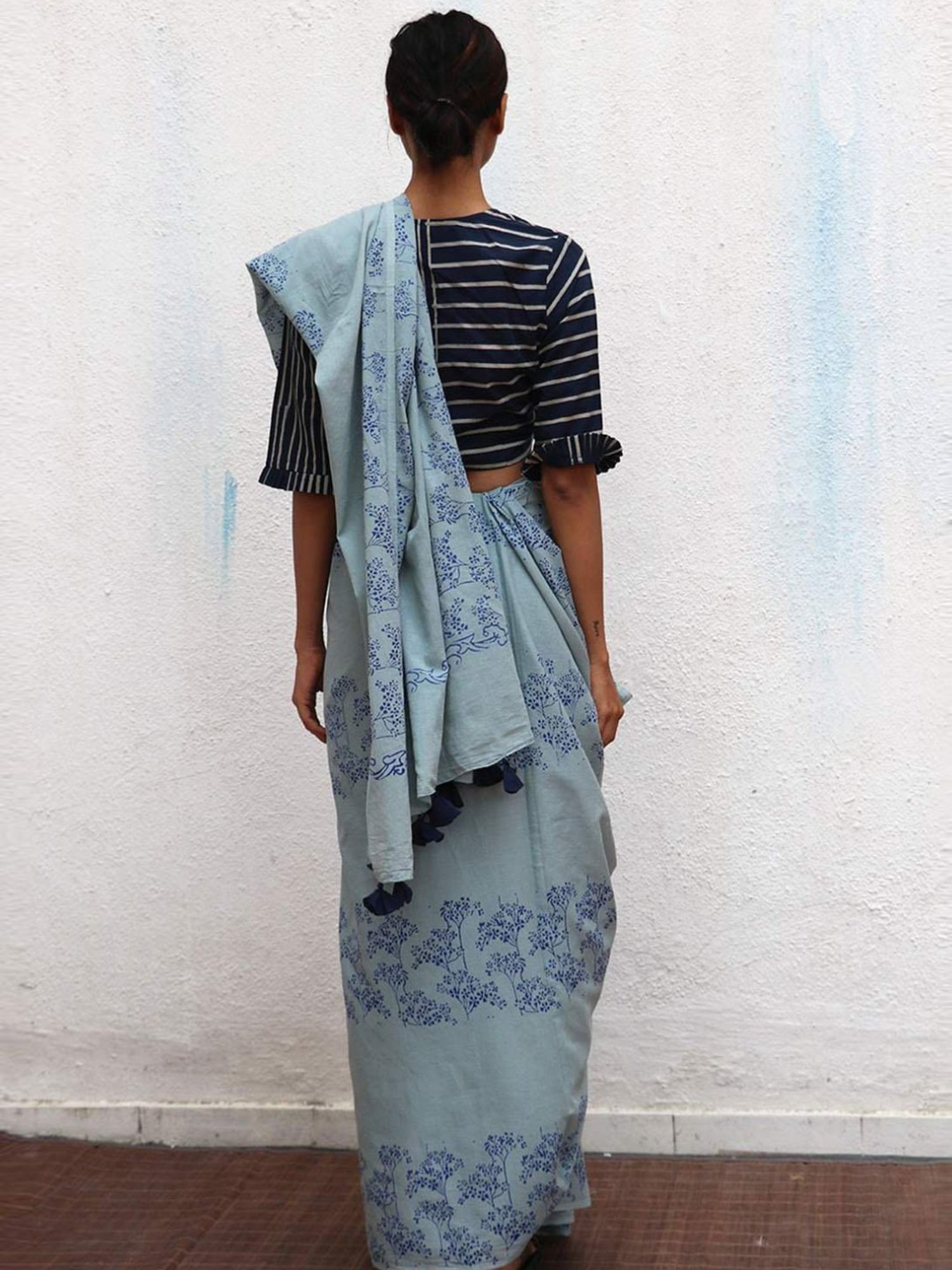 Chidiyaa Blue Paakhi Almond Blossoms Handblock Printed Cotton Sarees