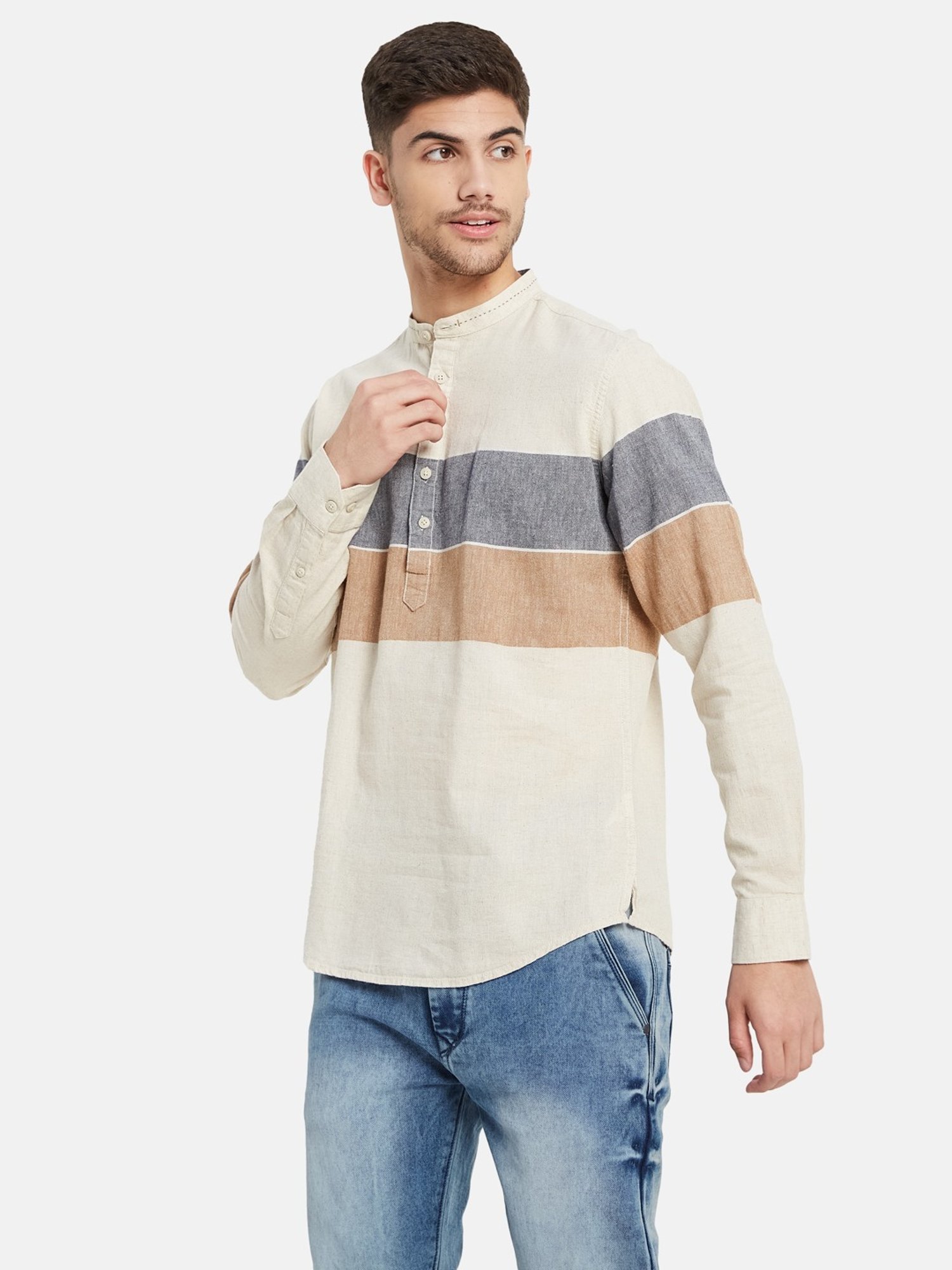 METTLE Natural Cotton Regular Fit Colour Block Shirt