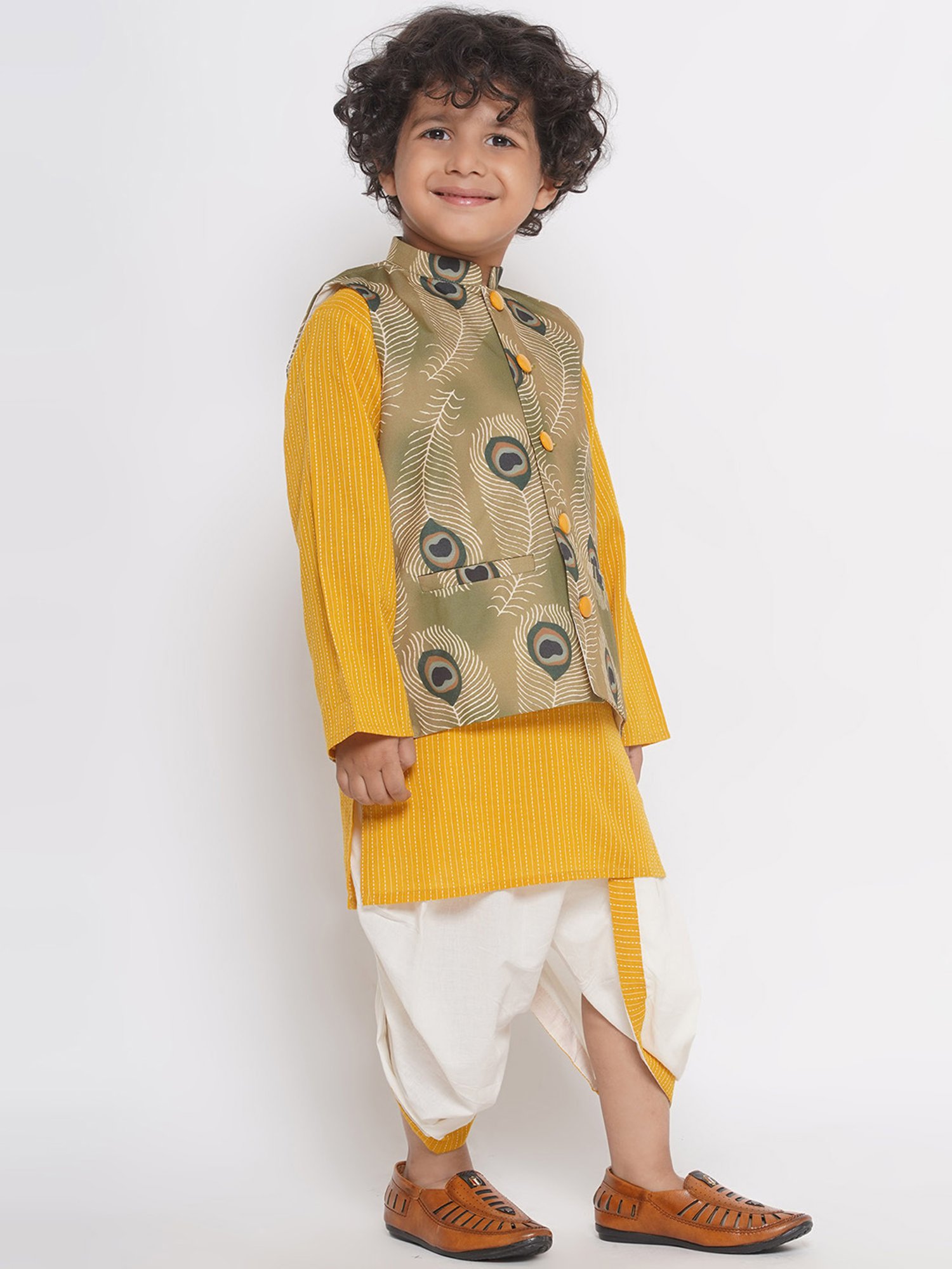 Little Bansi Kids Multicolor Printed Full Sleeves Kurta, Dhoti with Jacket
