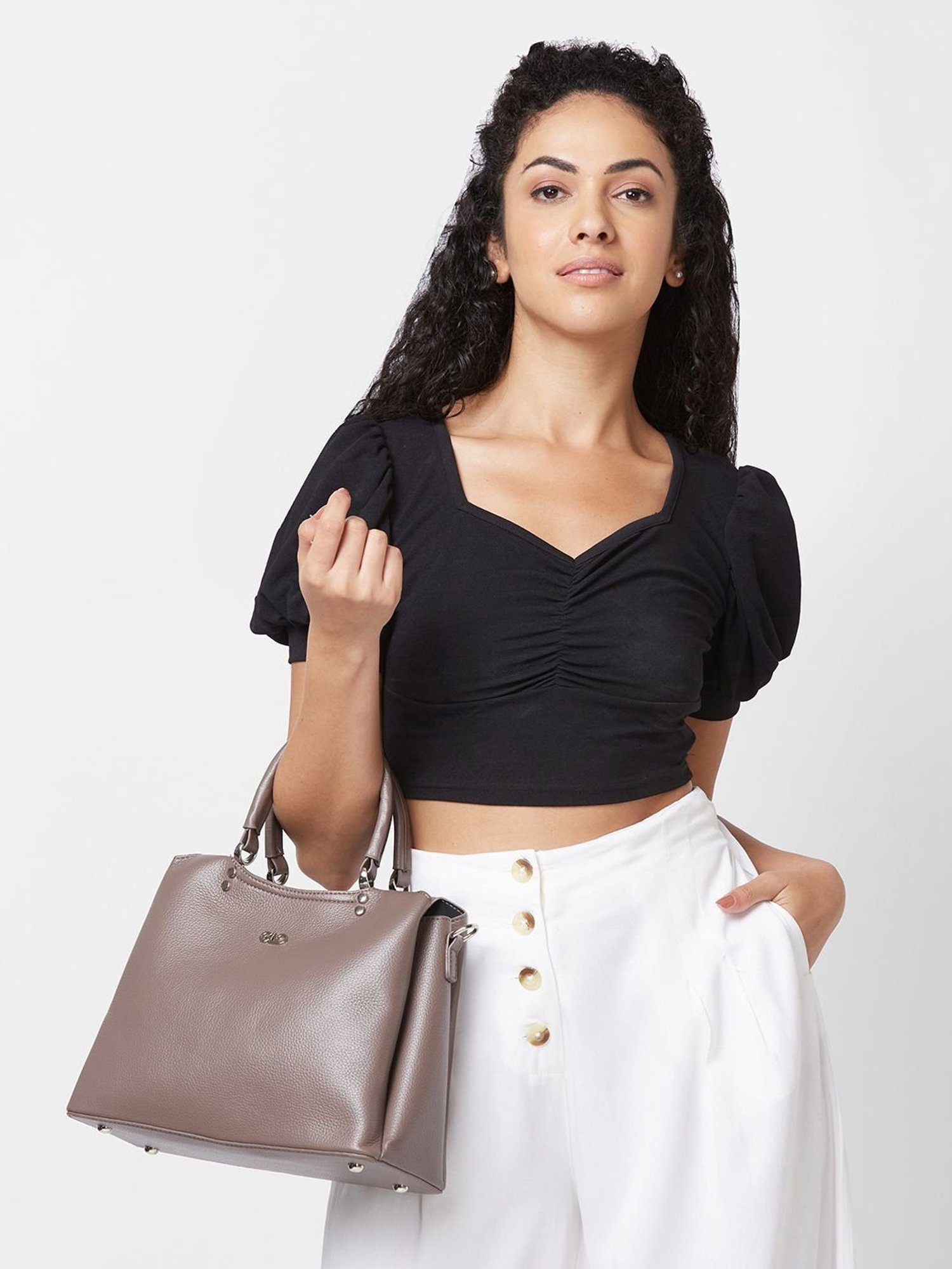 Globus Dark Grey Textured Medium Handbag