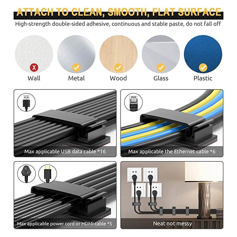 50 Pack Cable Clips Strong Adhesive Pad Wire Holders Cable Organizers Wire Management Multipurpose Wire Clamps for TV Computer Laptop Ethernet Cable Desktop Home Office