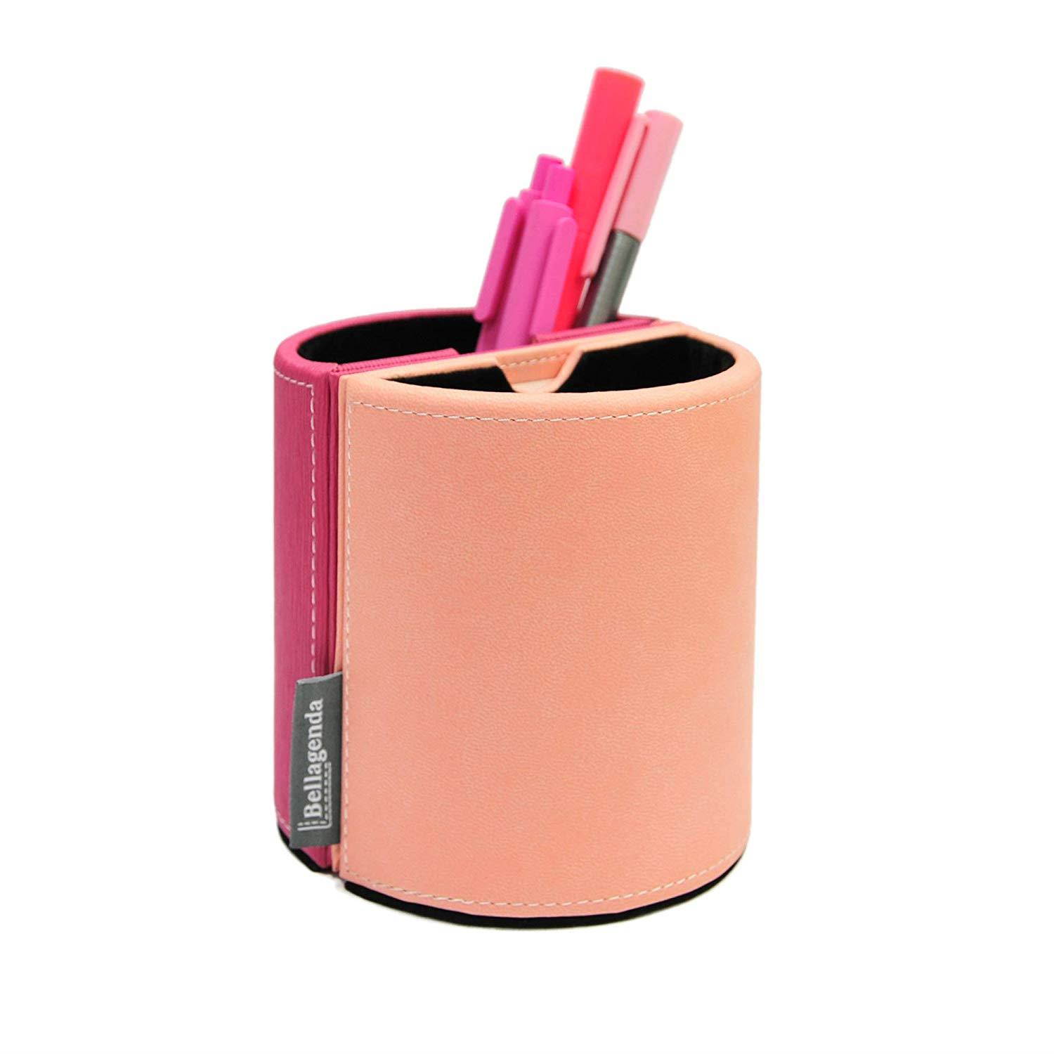 Pen Pencil Holder with Photo Frames | Desk Organizer | Desk Decoration | Multi Function Desk Stationery | Space Saver | 2 Picture Frames | Handicraft | PU Leather & Suede (Rose Pink)