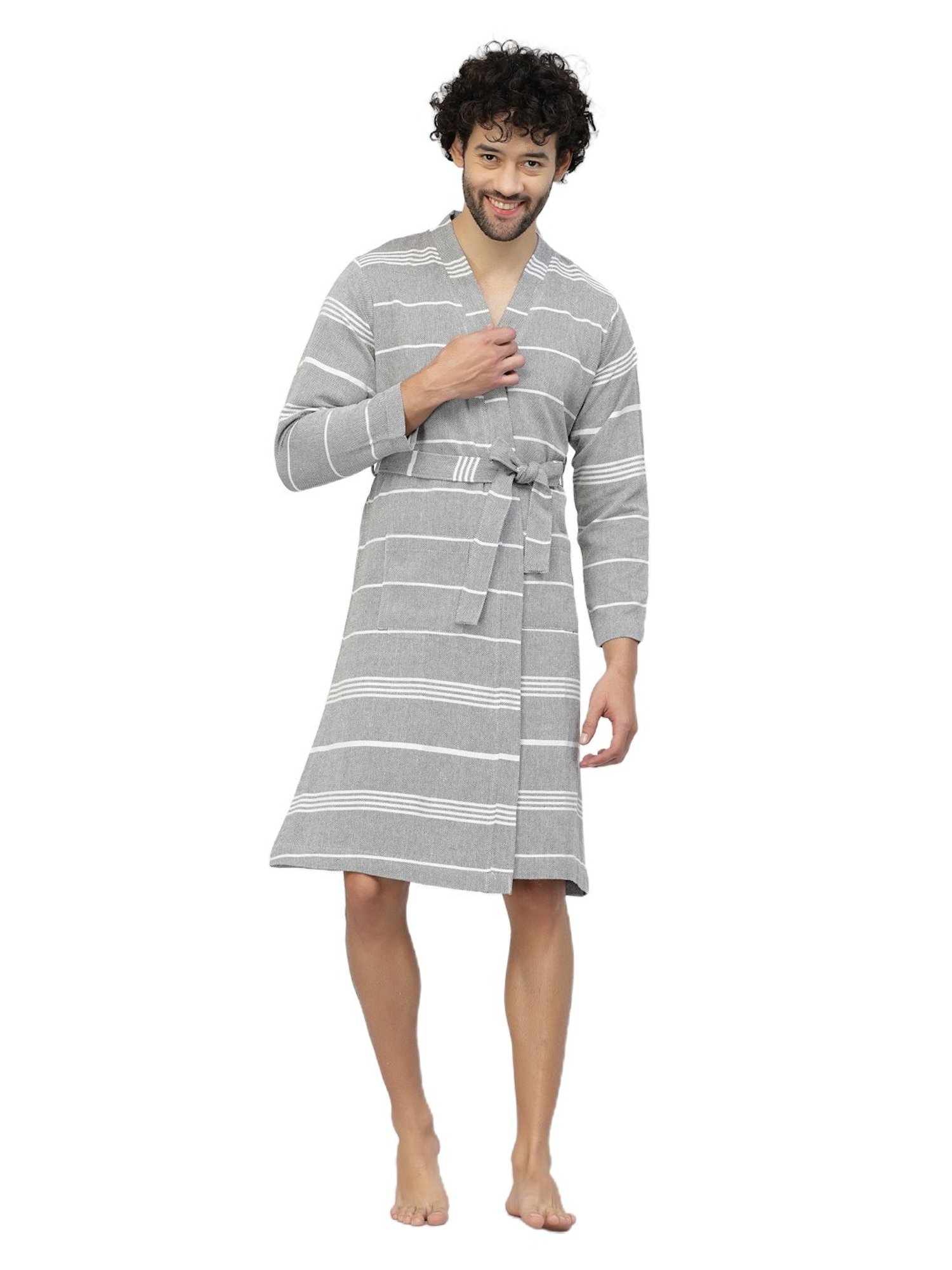 Klotthe Stripes Grey 210 GSM Cotton Bath Robe with Belt