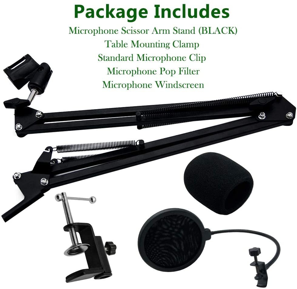 Microphone Stand, Mic Arm with Windscreen and Pop Filter Suspension Scissor Arm Stands for Studio Recording and Broadcasting, Blue Yeti Mic Stand