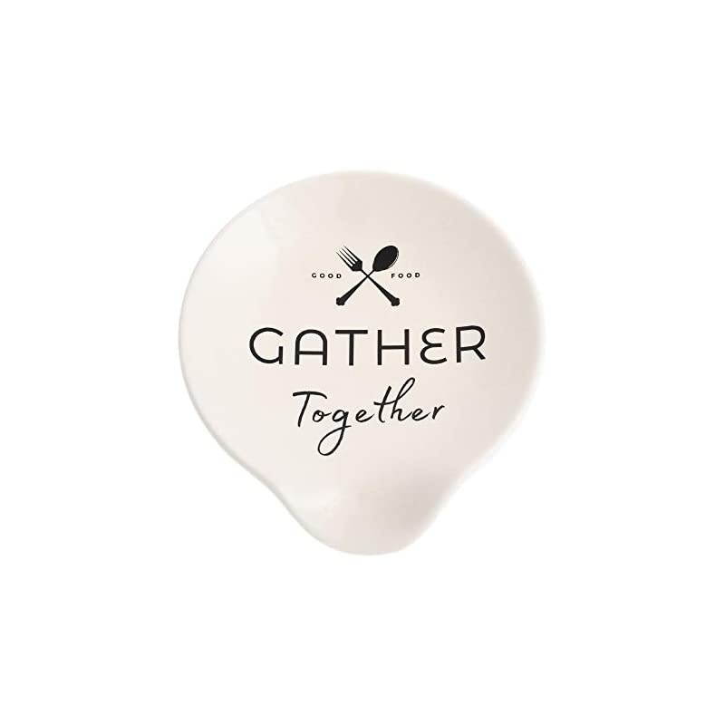 Gather Together Good Food 4.5 x 4 Glossy White Ceramic Stoneware Kitchen Spoon Rest
