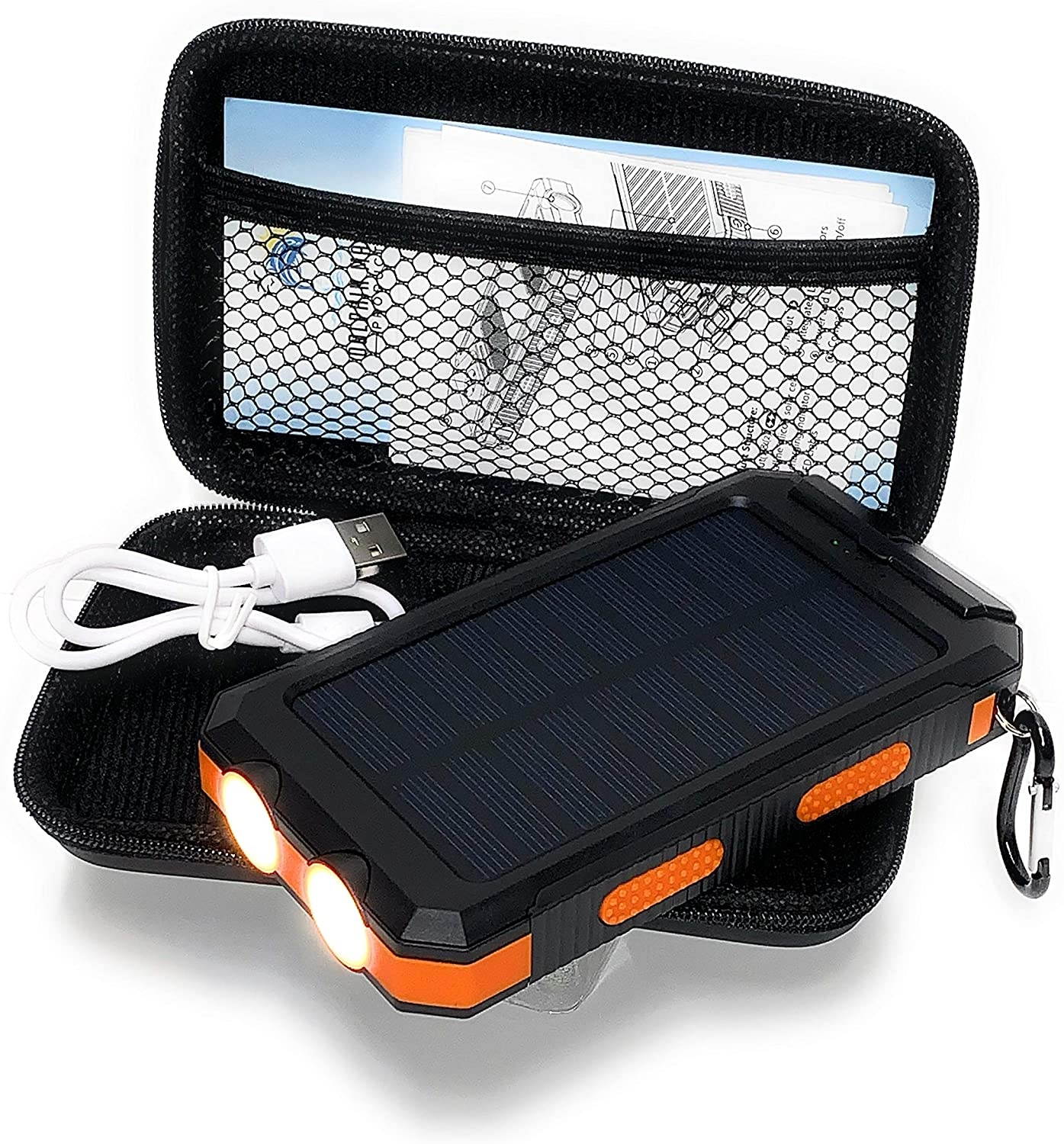 Waterproof Solar Cell Phone Charger USB Solar Battery Charger Solar Battery Pack Battery Backup Portable Power for with Protective Carry Case. 2 USB charging ports. Charging cord included.
