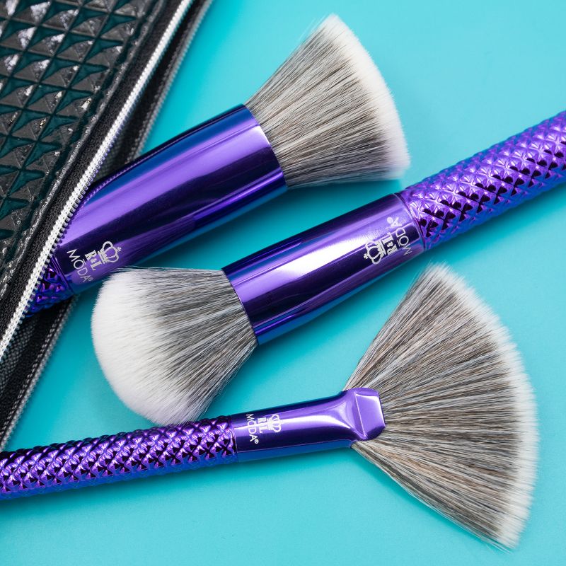 MODA Brush Metallics 4pc Blended Beauty Purple Makeup Brush Set with Black Studded Zip Case, Includes - Blender, Buffer and Fan Brushes