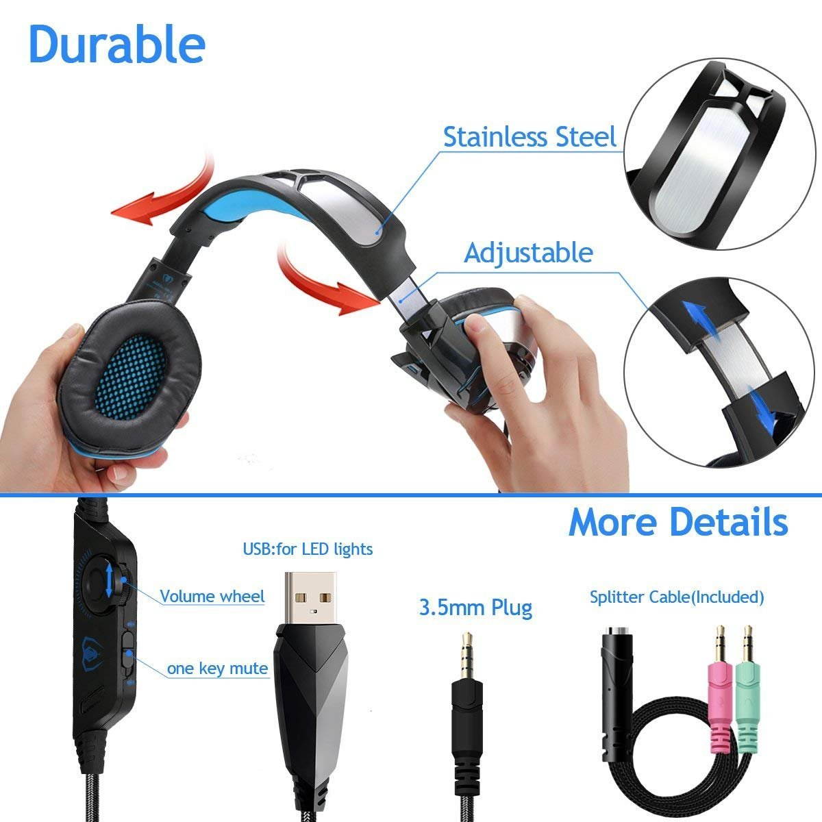 PS4 Gaming Headset with Mic, Beexcellent Newest Deep Bass Stereo Sound Over Ear Headphone with Noise Isolation LED Light for PC Laptop Tablet Mac (Blue)