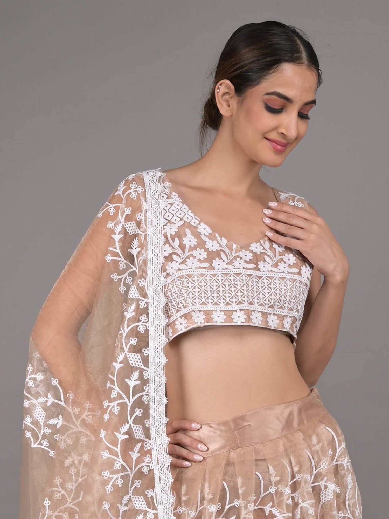 Odette Beige Embroidered Lehenga Choli Set With Dupatta