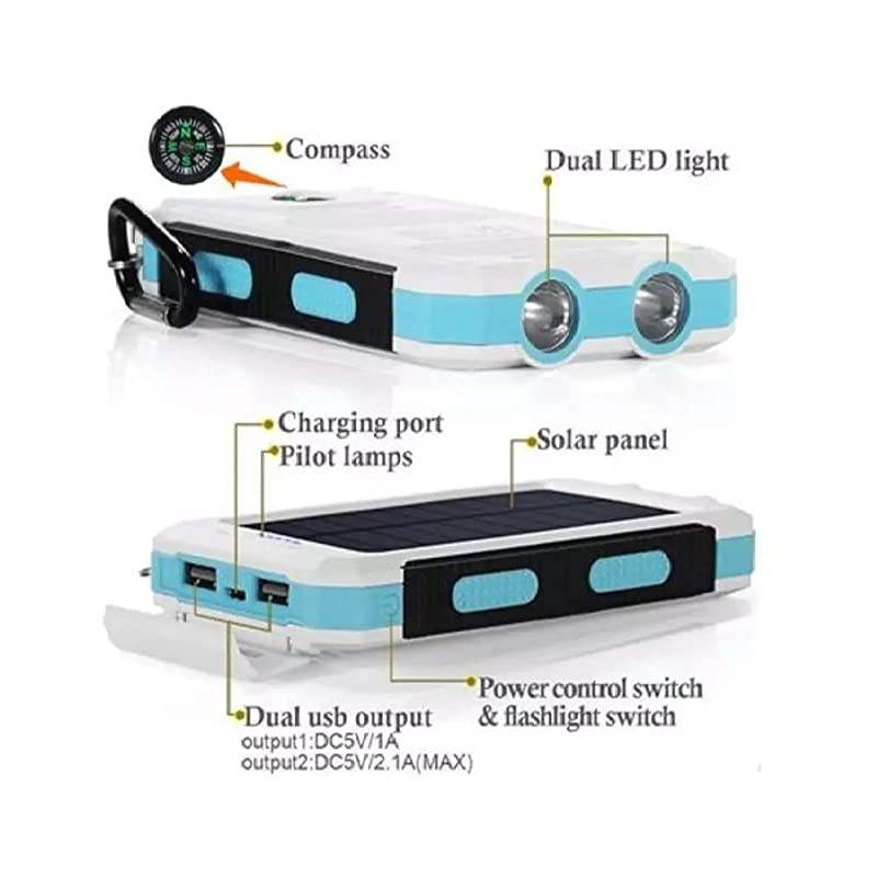 Solar Charger 30,000mAh,  Portable Solar Battery Charger External Battery Pack Phone Charger Power Bank for Cellphones Tablet with Flashlight and a 3 Feet Micro USB Cord (White/Blue)