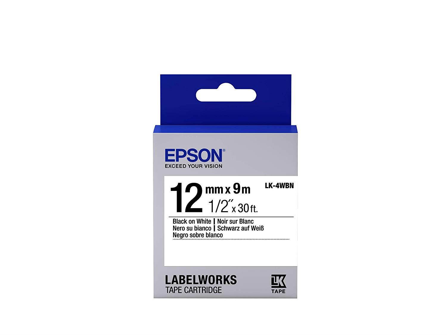 Epson lk-4wbn Label-Making Tape &ndash; Label-Making Tapes (Black on White, LabelWorks LW-1000P LabelWorks LW-300 LabelWorks LW-400 LabelWorks LW-400VP LabelWorks LW-600P, Blister, 9 M, 12 mm)