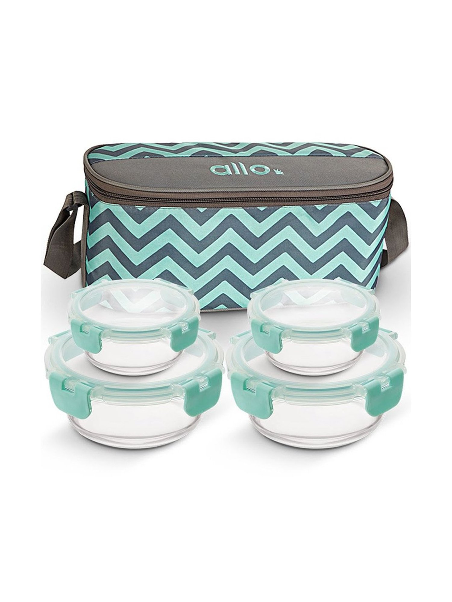 Borosilicate Glass Lunch Box Microwave Oven Safe with Detachable Lock and Chevron Mint Tiffin Bag